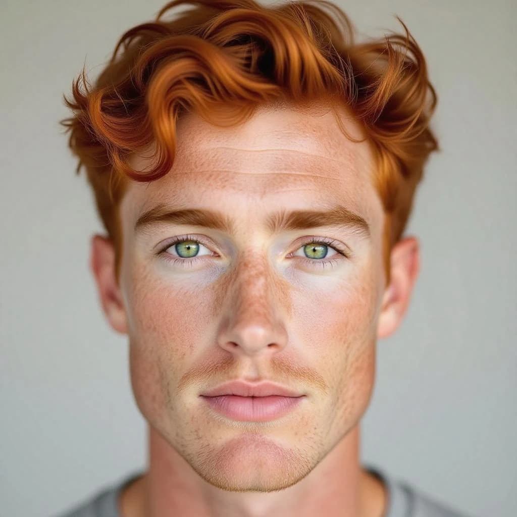 Shoot a natural light headshot of a red-haired man with freckles, green eyes.