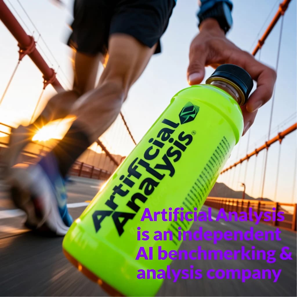 A runner dashes across the Golden Gate Bridge at dawn, sunlight streaming between cables. In their hand, they carry a neon-green sports drink with the brand name Artificial Analysis splashed boldly across the bottle. Motion blur emphasizes speed, while crisp purple sans serif typography overlays the bottom right of the scene with the tagline: Artificial Analysis is an independent AI benchmarking & analysis company