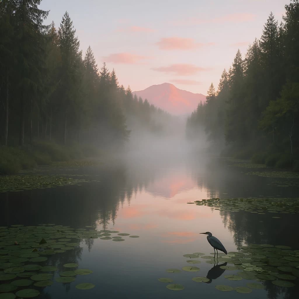 With pre-dawn mist along a cedar forest river and glassy water dotted with lily pads, distant mountains blush pink, and a heron stands still like it forgot what to do next.