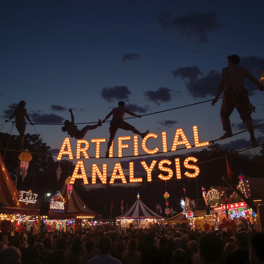 At dusk, high above a carnival crowd, three tightrope walkers balance on a single rope with no aids, one is off balance and grabbing at air. Below, the audience looks upward with baited anticipation. Artificial Analysis is spelled out in the background in carnival lights