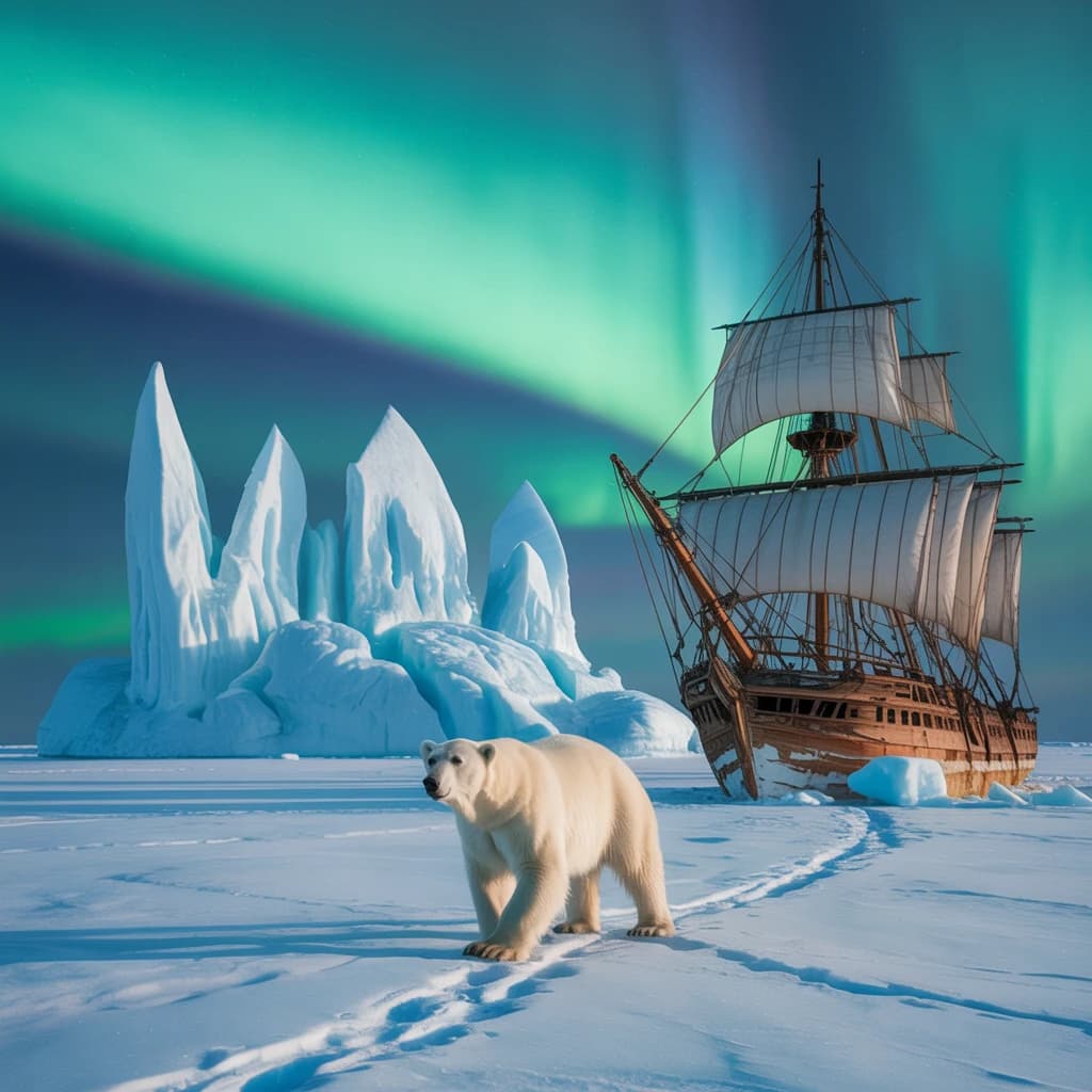An endless tundra stretches outward, littered with jagged icebergs shaped like cathedral spires. A polar bear trudges across the foreground but leaves no tracks. Auroras ripple overhead. A half-buried shipwreck juts from the snow — sails billowing despite the still air.