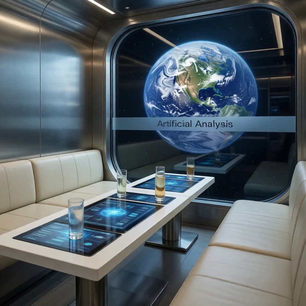 The orbital lounge has brushed aluminum walls and pale leather banquettes. Low white tables are inset with glowing touchscreens. Drinks are clear, flavorless, in tall unmarked glasses. The viewport is floor-to-ceiling, showing Earth moving slowly beneath. The word Artificial Analysis is etched discreetly on the glass in a frosted band.