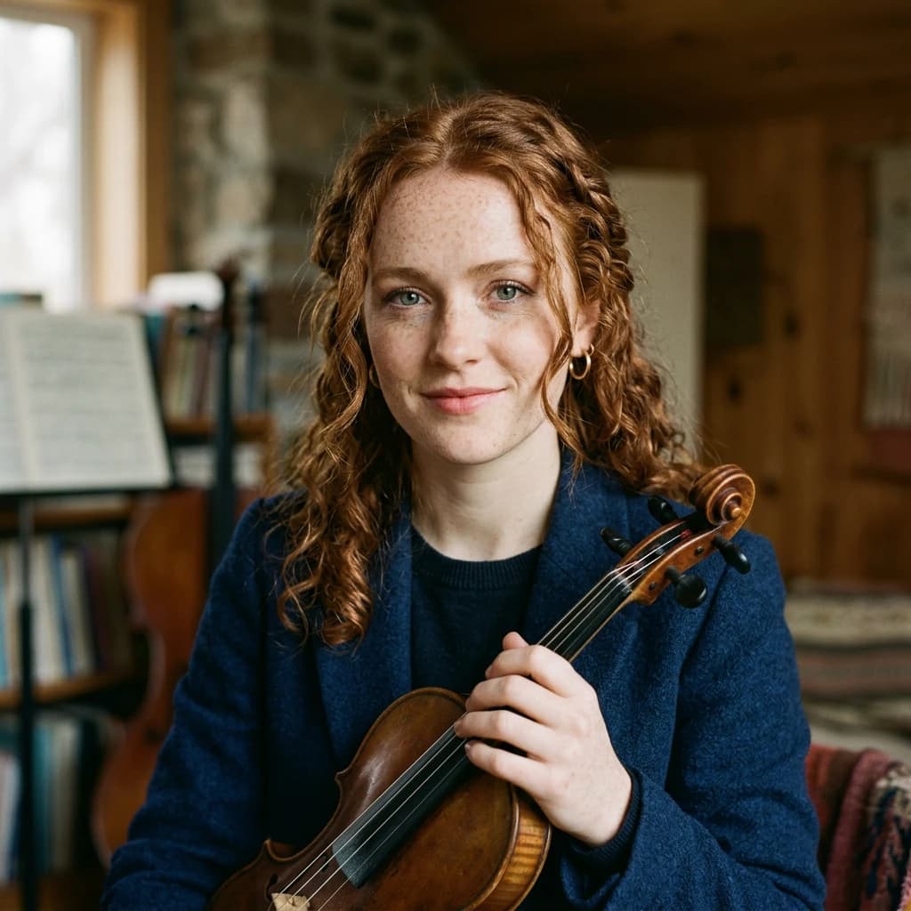 Capture a head-and-shoulders portrait of a freckled red-haired violinist in a navy blazer, soft window light, 85mm at f/1.8, gently smiling yet serious eyes, muted tones.
