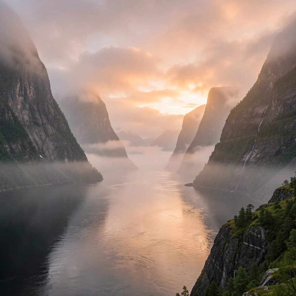 Frame a foggy fjord at sunrise, cliffs looming.