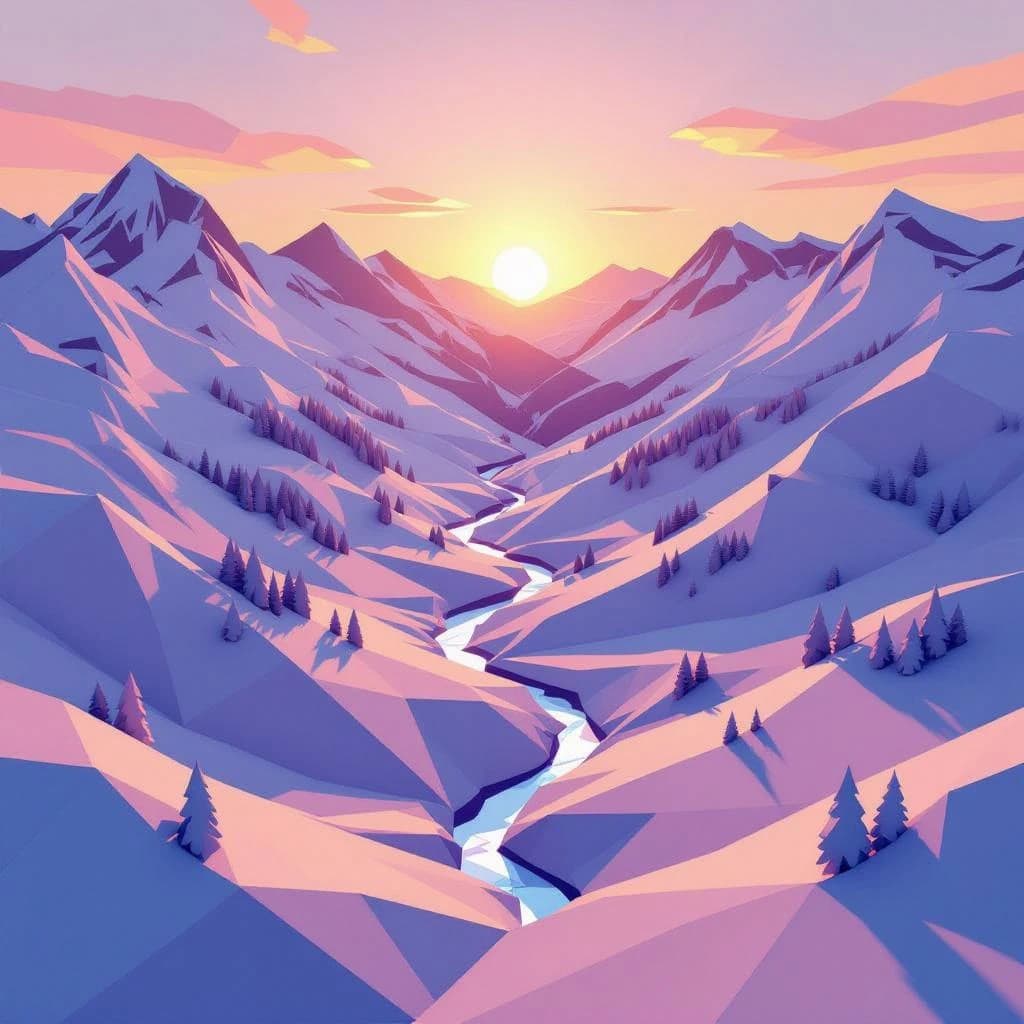 Render a low-poly alpine valley at sunset, clean gradients, long shadows.