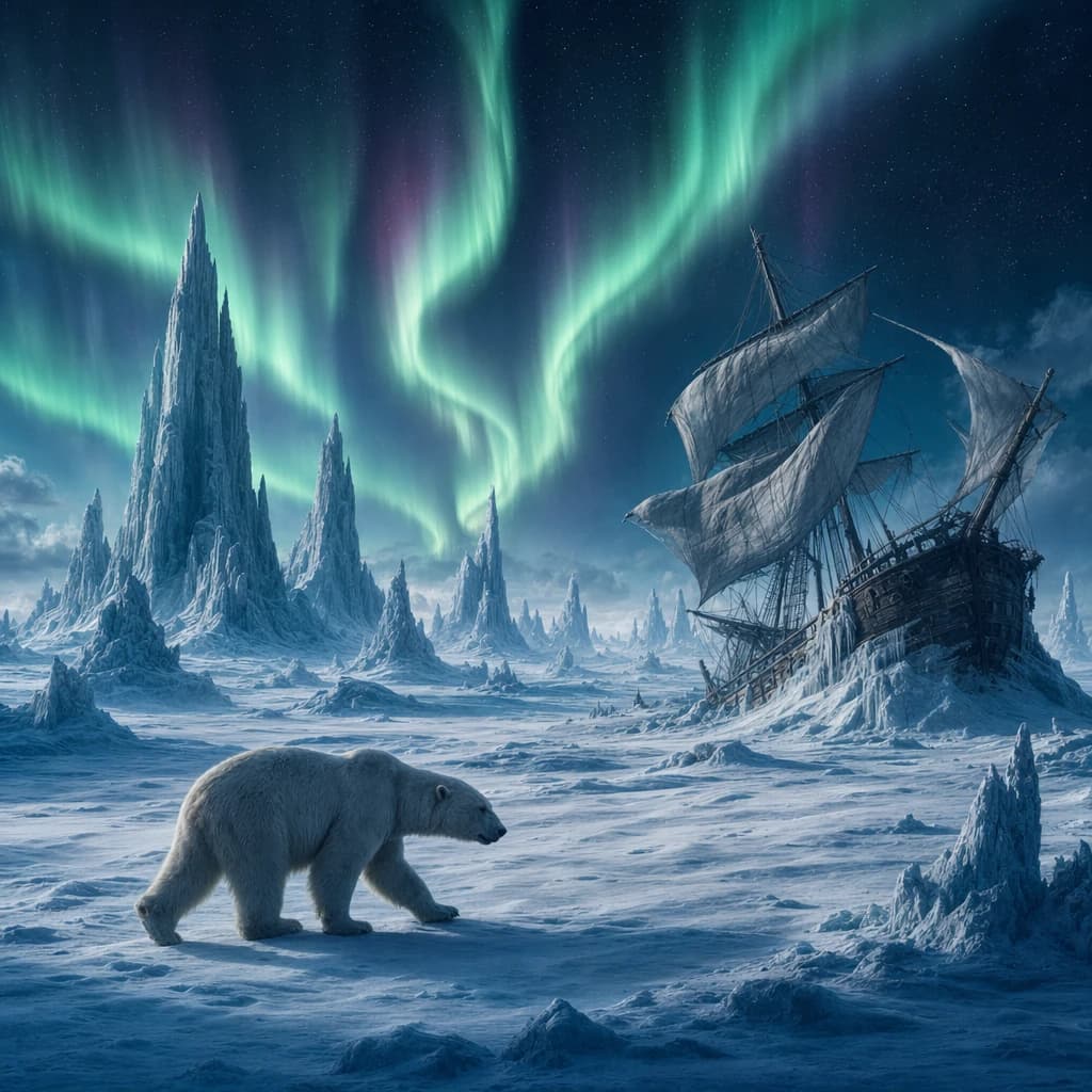 An endless tundra stretches outward, littered with jagged icebergs shaped like cathedral spires. A polar bear trudges across the foreground but leaves no tracks. Auroras ripple overhead. A half-buried shipwreck juts from the snow — sails billowing despite the still air.
