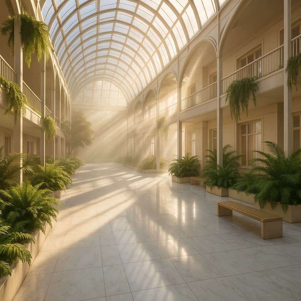 Sunlit atrium with glass ceiling, marble floor, ferns, a bit of morning haze.