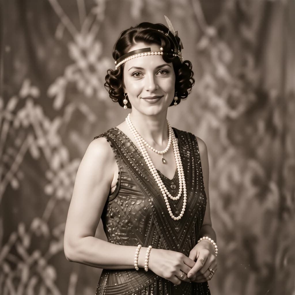 Sepia-toned studio portrait of a flapper with pearl necklace, soft grain.