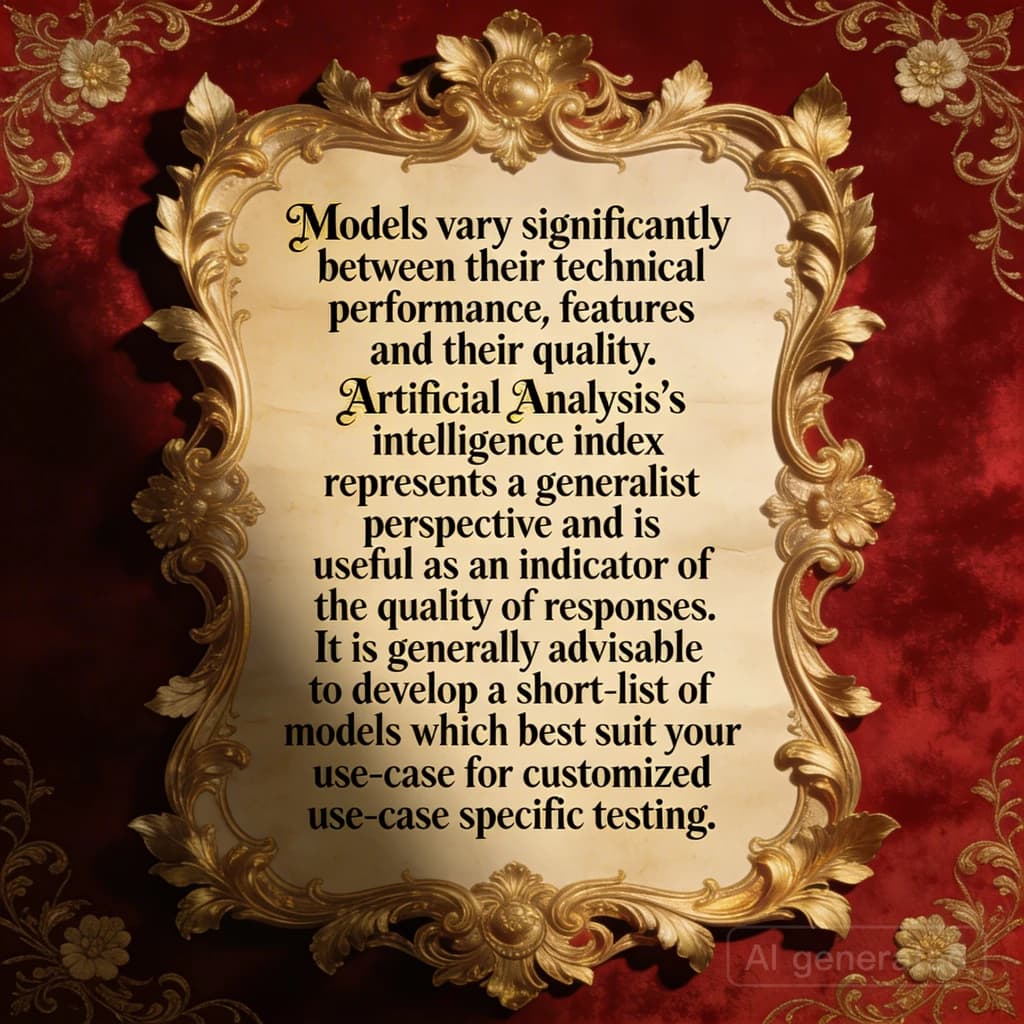 On a flat layout, write in an ornate baroque style "Models vary significantly between their technical performance, features and their quality. Artificial Analysis's intelligence index represents a generalist perspective and is useful as an indicator of the quality of responses. It is generally advisable to develop a short-list of models which best suit your use-case for customized use-case specific testing. "