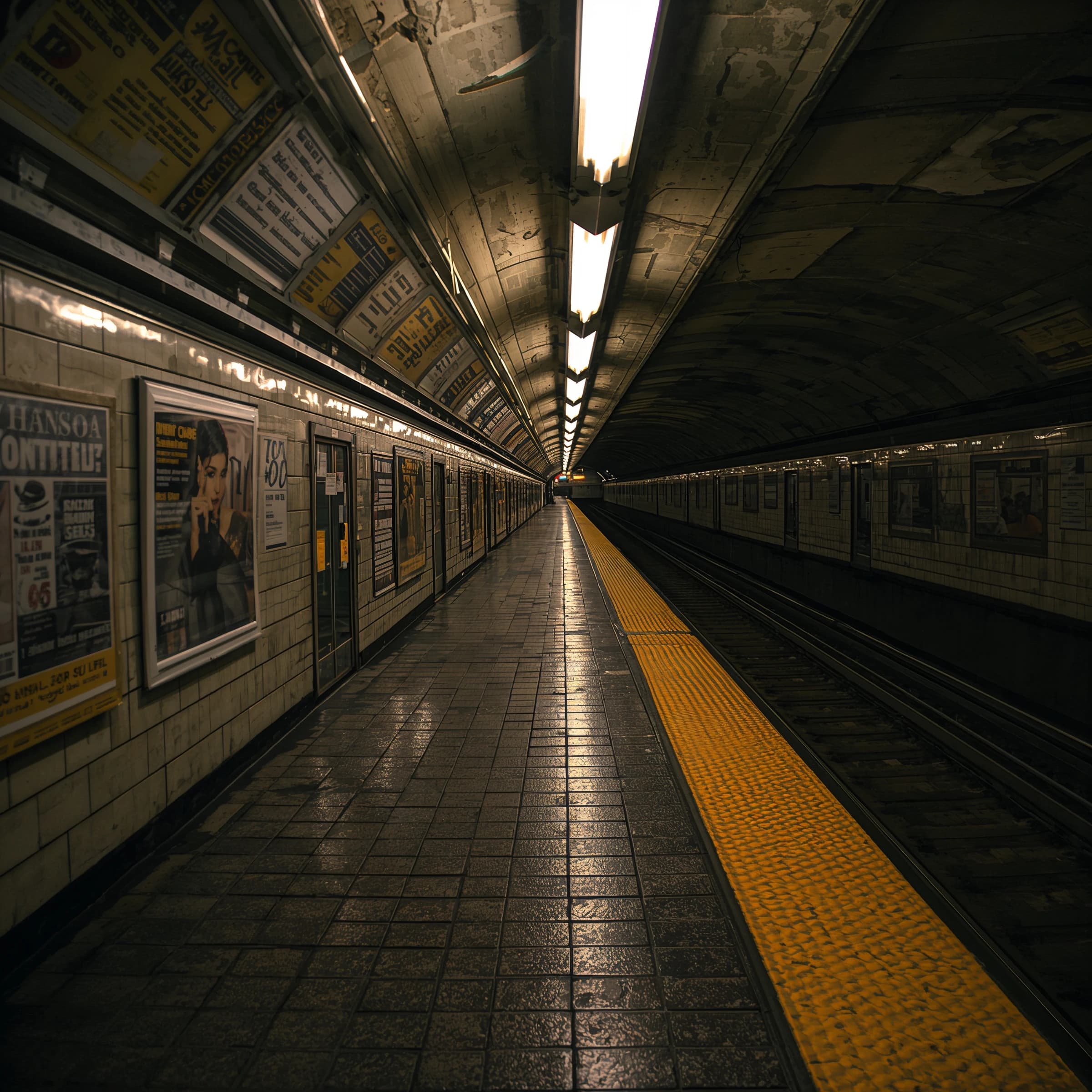 A subterranean subway platform with glossy tiles, peeling posters, flickering fluorescent lights, yellow safety line, and a distant train coming; slightly damp, echoes carry.