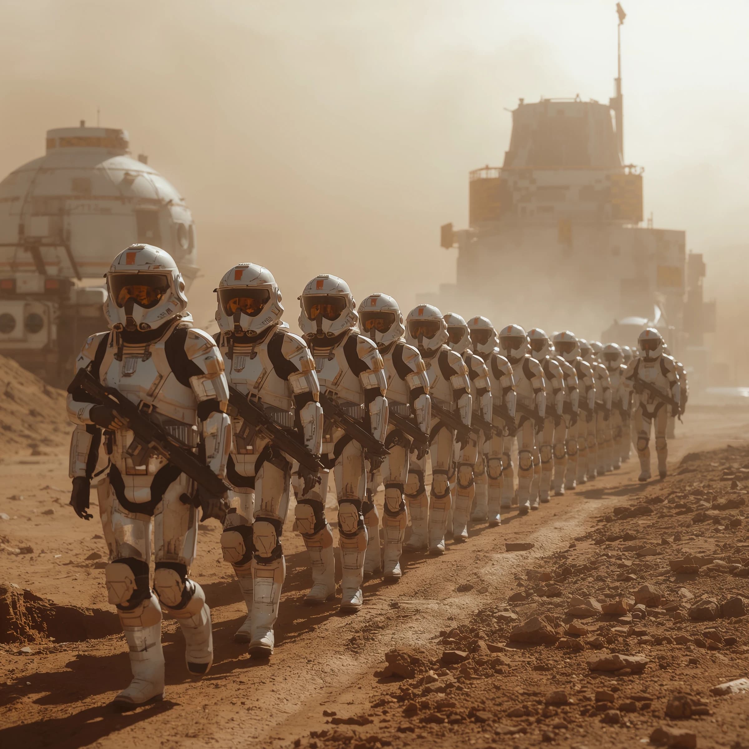 Silver exosuits queue at a dusty lunar checkpoint.