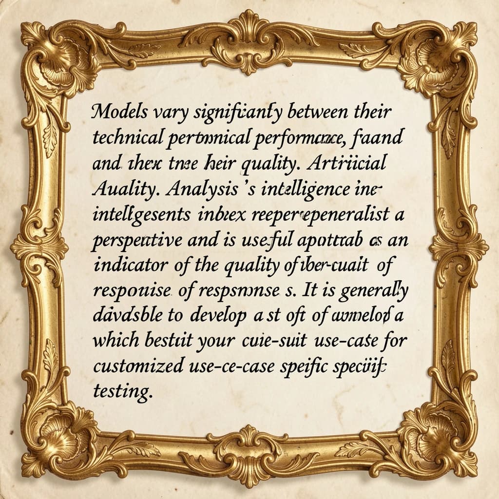 On a flat layout, write in an ornate baroque style "Models vary significantly between their technical performance, features and their quality. Artificial Analysis's intelligence index represents a generalist perspective and is useful as an indicator of the quality of responses. It is generally advisable to develop a short-list of models which best suit your use-case for customized use-case specific testing. "