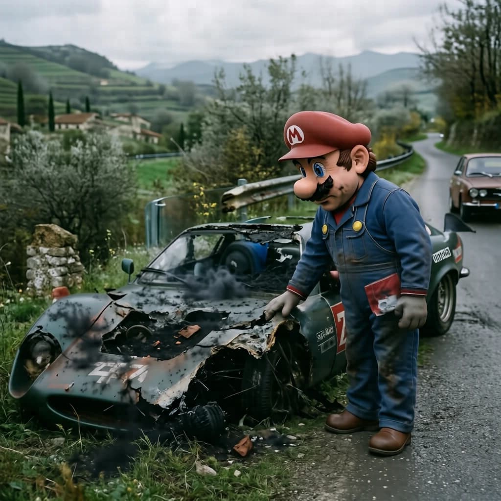 Mario examines the still smouldering wreck of the crash that took his best driver on the side of the country road. He designed this car and caused this. 3 days have passed since the crash. It's 1973 in Northern Italy.