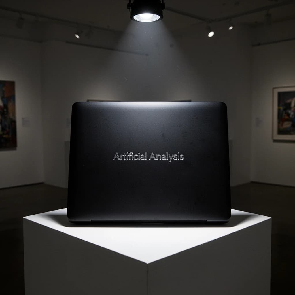 A premium matte black laptop-sized box rests on a pure white pedestal within a gallery space. Overhead, a single spotlight carves sharp contrast, leaving the edges in deep shadow. The brand name Artificial Analysis is embossed in silver foil, glinting faintly as though it were jewelry.