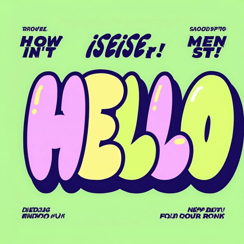 Make a bold bubble-letter poster that says HELLO, pastel palette, thick outline.