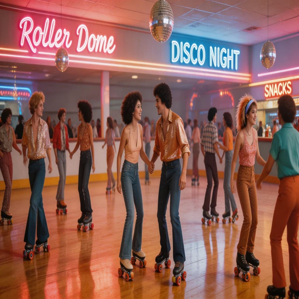 A 1970s roller rink crowd skates under neon, with a bit of fade and film grain.