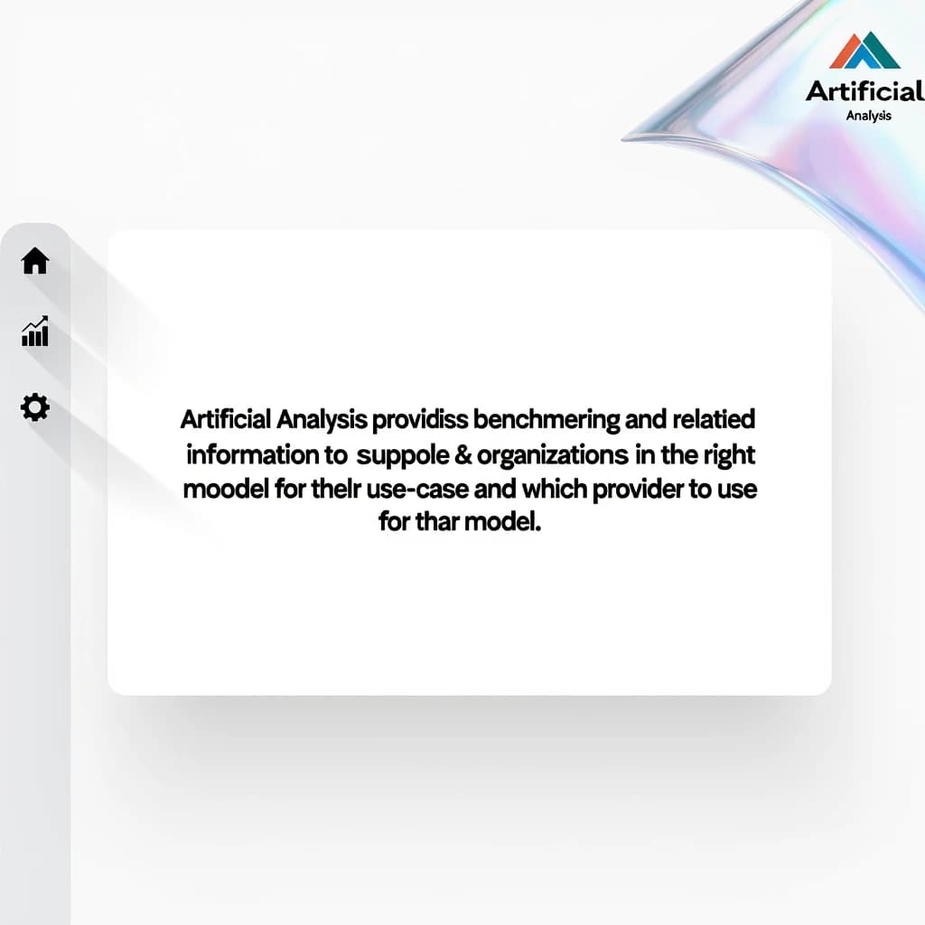 On a high-resolution dashboard mockup with a clean white background, display a centered text module in Helvetica Neue Regular, 18pt, black: “Artificial Analysis provides benchmarking and related information to support people & organizations in choosing the right model for their use-case and which provider to use for that model.” The text box is justified, but the final word wraps awkwardly onto its own line. To the left, a vertical navigation bar in light gray with three icons - home, chart, and settings - aligned evenly but casting misaligned shadows. In the upper right, the Artificial Analysis logo appears faintly, semi-transparent, watermarked over the corner of the interface.
