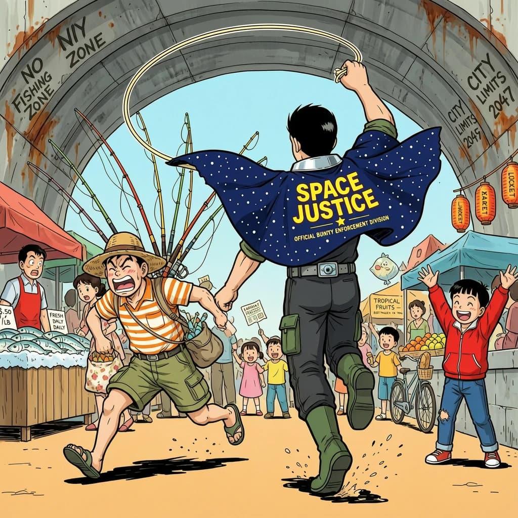 The space cowboy chases the deranged fisherman underneath the causeway, eager to collect on his bounty. Fishing rods and lines hang off the back off the fishermen as he darts between the bustling market crowd. We see the back of the space cowboy in his space poncho emblazoned with the words SPACE JUSTICE, spinning his lasso over his head. A child on the sidelines excitedly cheers the cowboy. 1990s hand drawn anime style with strong fluidity