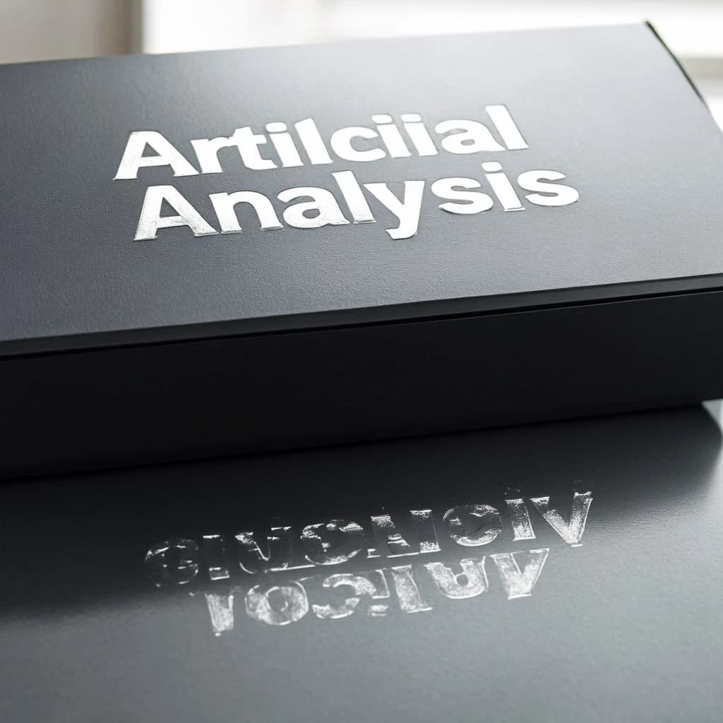 On the black box, silver foil embossing, centered: "Artificial Analysis" in Comic Sans Small Caps, perfectly justified. The letters are crisp, but the “Y” is duplicated faintly, ghosting right. On the box’s reflection, the word order is inverted: ARTIFICIAL ANALYSIS.