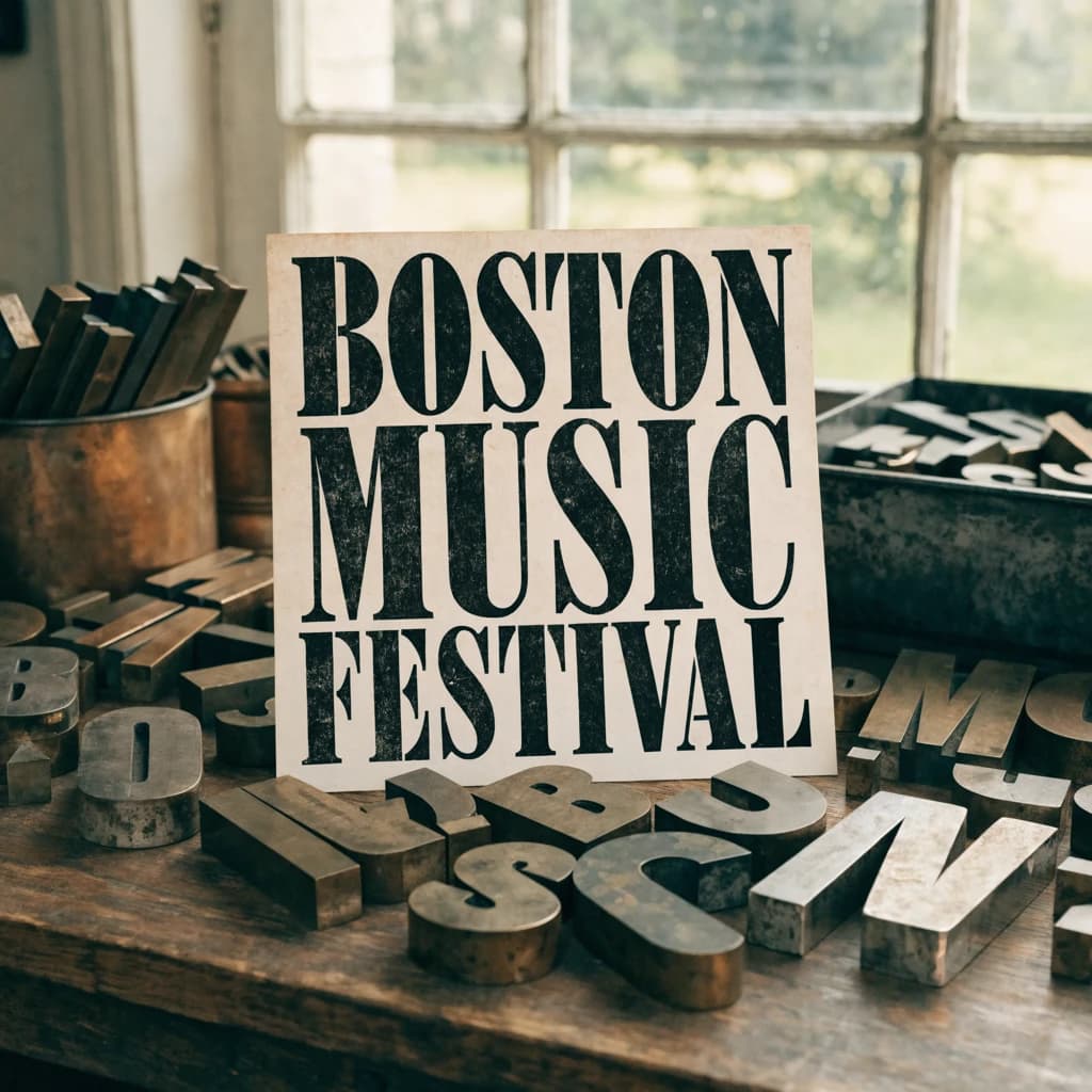 A vintage letterpress poster on a wooden desk: bold slab serif headline, tight kerning, misregistered ink, slightly worn edges, scattered metal type, soft window light.