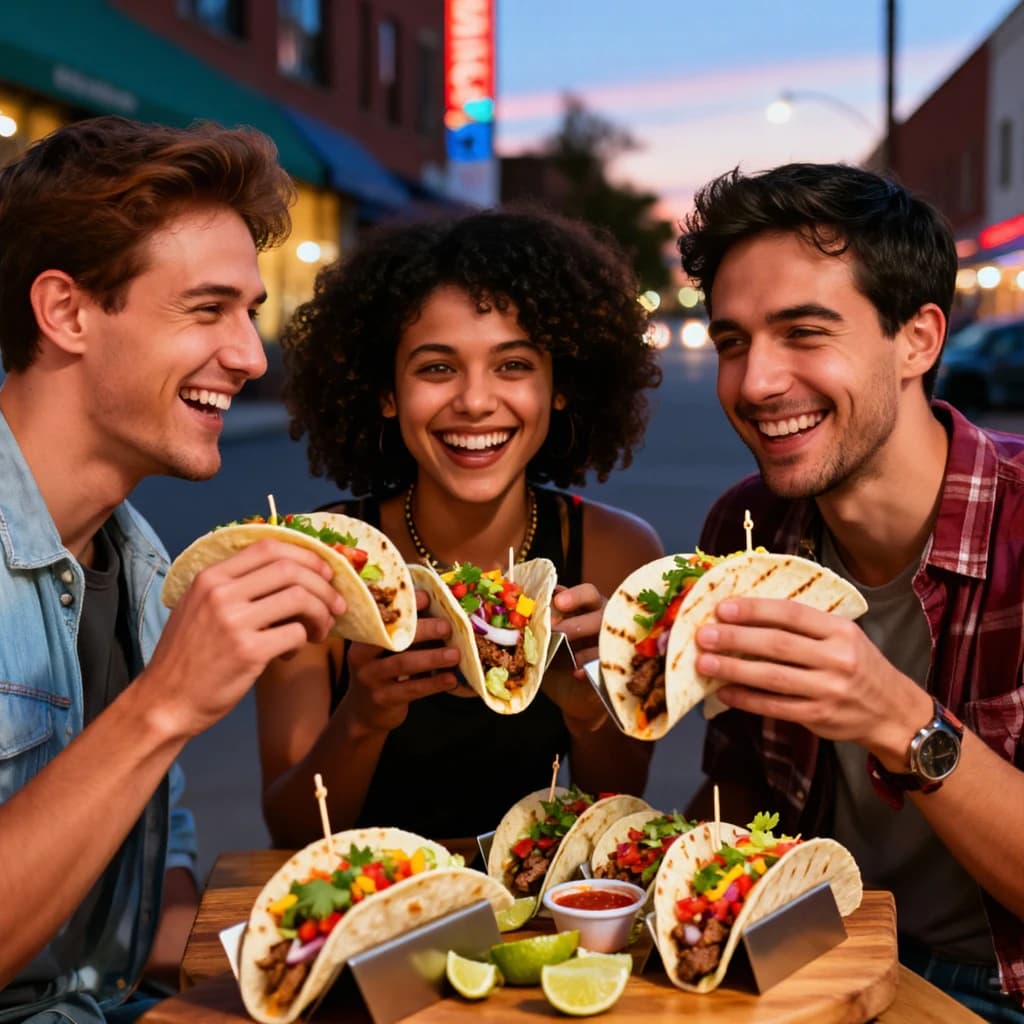 Friends laugh over street tacos at dusk, candid, shallow depth.
