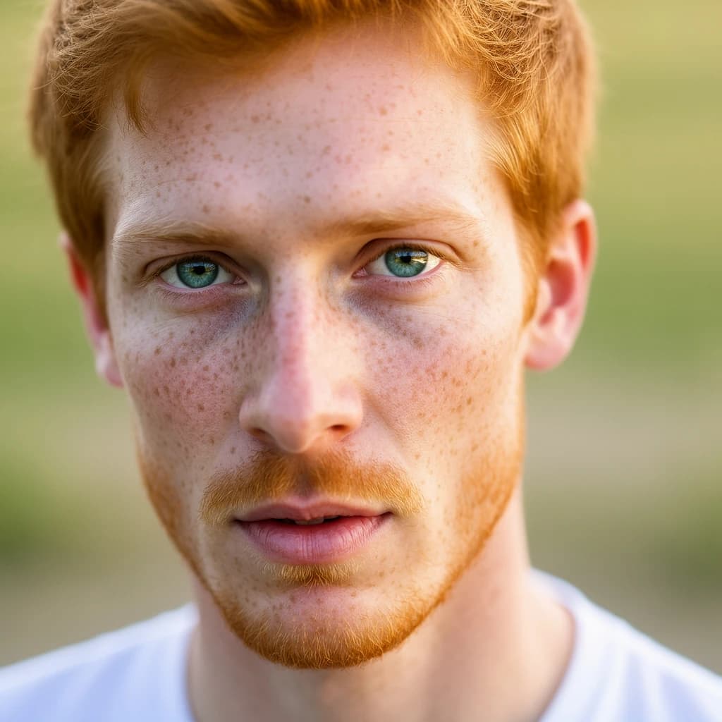 Shoot a natural light headshot of a red-haired man with freckles, green eyes.