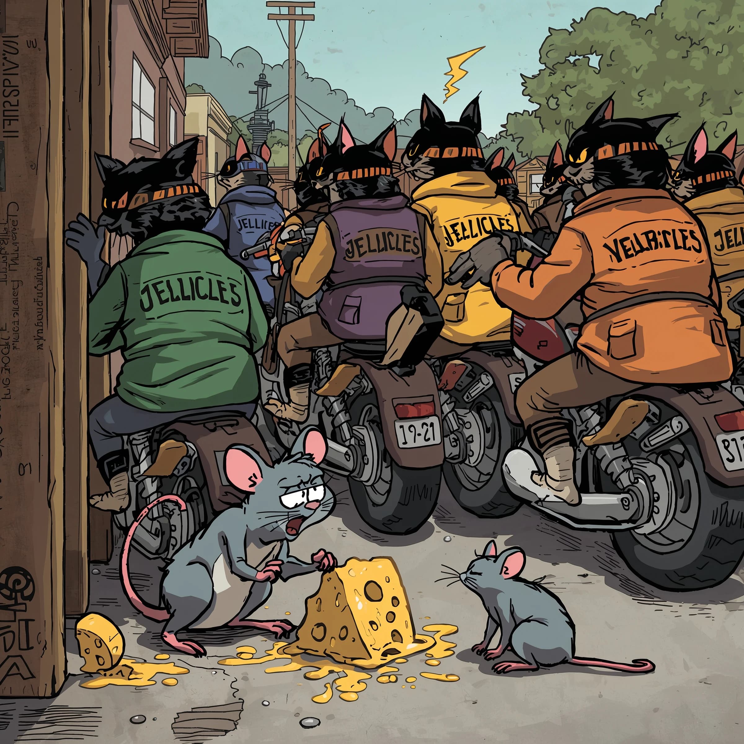 The cartoon rat clenches his thin wedge of cheese and trembles in fear as he hides from the menacing Jellicles, the roaming cat motorcycle gang, all wearing their colors with the name on the back. The cats have all drunk far too much milk and are causing a big ruckus! One cat is close to finding the rat