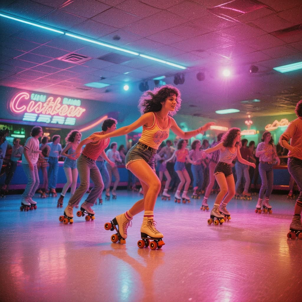 A 1970s roller rink crowd skates under neon, with a bit of fade and film grain.