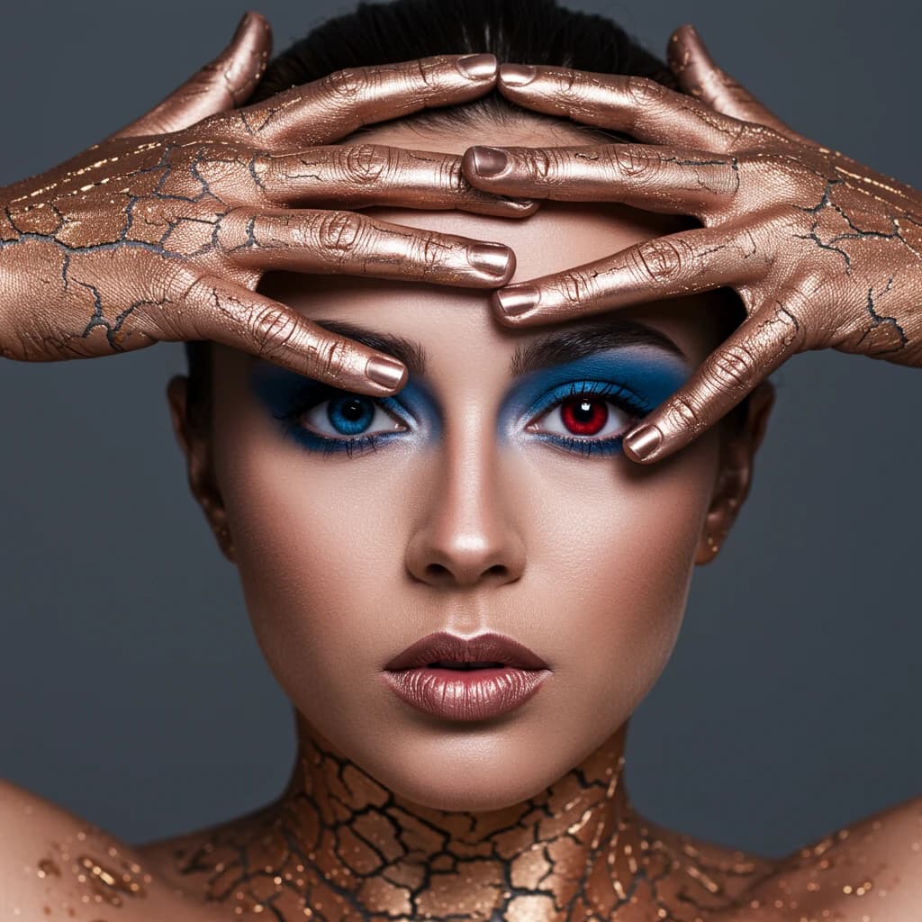 A striking close-up portrait of a woman with cracked metallic copper-painted hands framing her face. Her vivid blue and red eye makeup contrasts sharply with the smooth, pale skin and muted background, creating a bold, surreal composition. She displays an air of uncertainty about her
