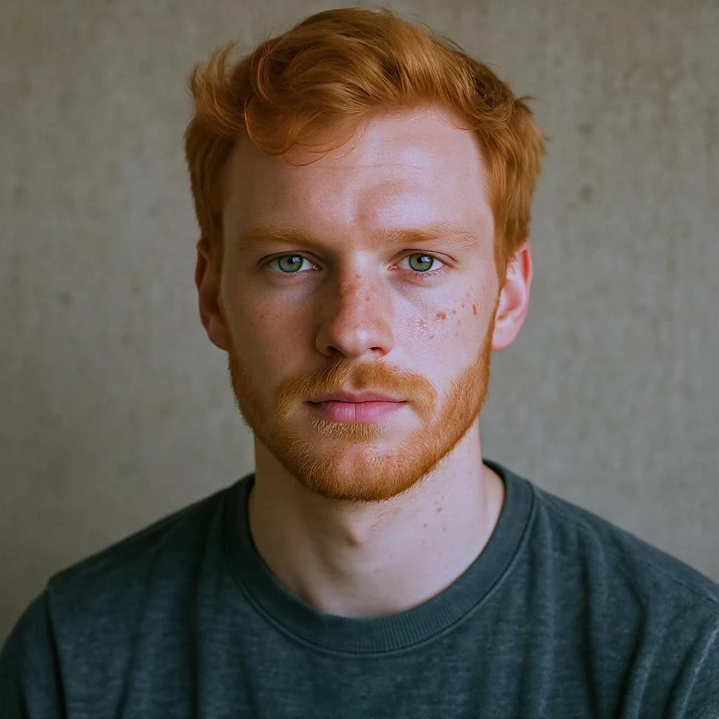 Shoot a natural light headshot of a red-haired man with freckles, green eyes.