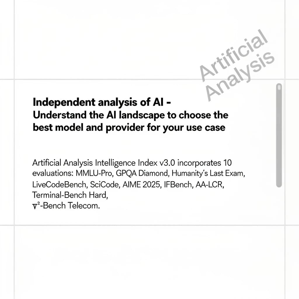 On a white dashboard with thin gray dividers, place a centered header in Helvetica Neue Bold, 20pt: “Independent analysis of AI - Understand the AI landscape to choose the best model and provider for your use case.” Directly beneath, a subheader in smaller Regular weight, 14pt: “Artificial Analysis Intelligence Index v3.0 incorporates 10 evaluations: MMLU-Pro, GPQA Diamond, Humanity's Last Exam, LiveCodeBench, SciCode, AIME 2025, IFBench, AA-LCR, Terminal-Bench Hard, 𝜏²-Bench Telecom.” The header is fully justified but the subheader is left-aligned. In the upper right corner, the Artificial Analysis logo appears watermarked, diagonal, faint gray, partially overlapping the scrollbar.