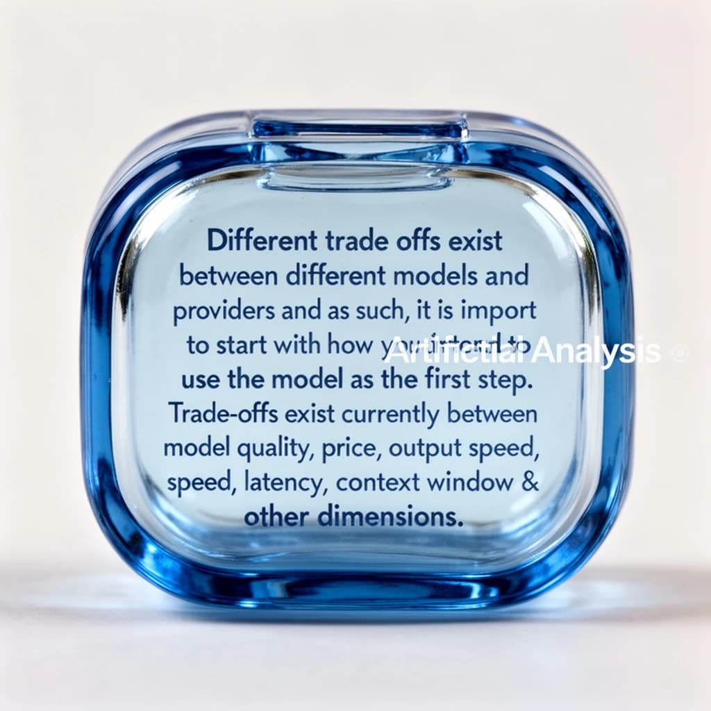 In a clear transparent blue glassy rounded box, etch "Different trade offs exist between different models and providers and as such, it is important to start with how you intend to use the model as the first step. Trade-offs exist currently between model quality, price, output speed, latency, context window & other dimensions. " in sans serif medium weight text. Artificial Analysis is watermarked over the top right 