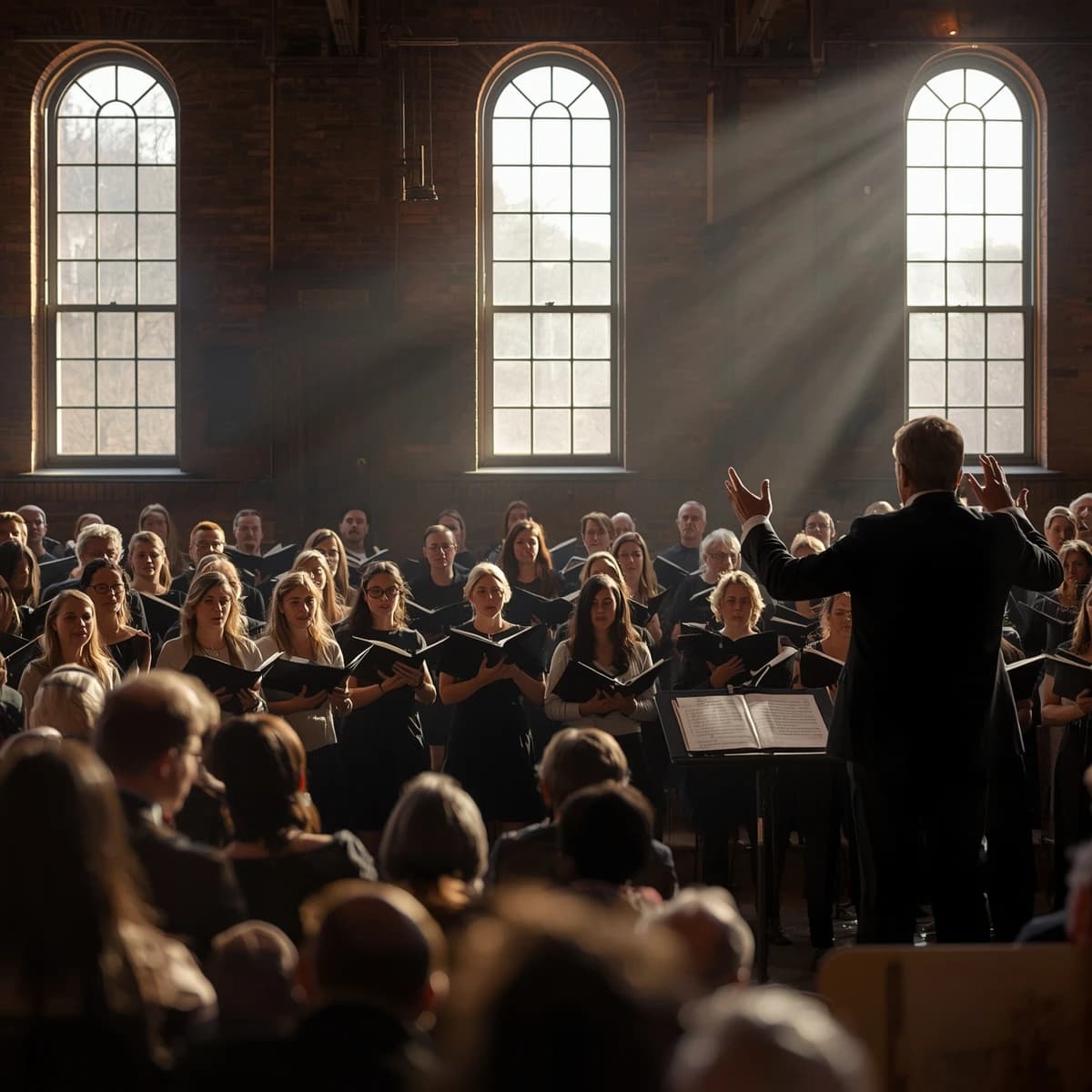 A choir rehearses in a brick hall as somewhat dramatic morning light falls through high windows, with a patient conductor mid-gesture, open scores, intent faces, slight motion blur.