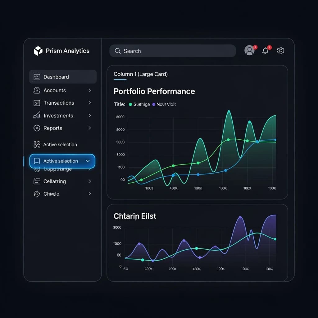 Make a dark mode finance dashboard with charts, glassmorphism, soft neon glow.