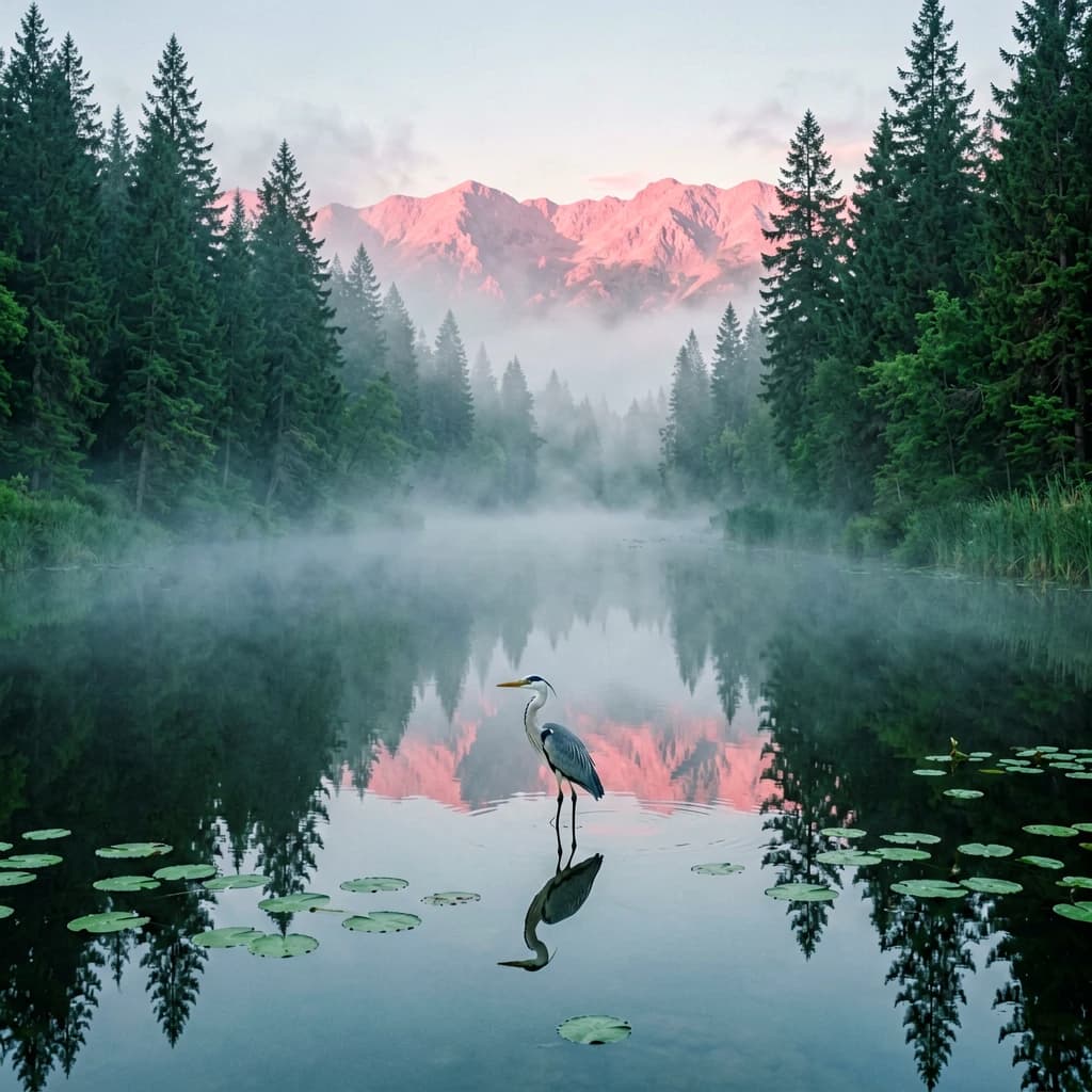 With pre-dawn mist along a cedar forest river and glassy water dotted with lily pads, distant mountains blush pink, and a heron stands still like it forgot what to do next.