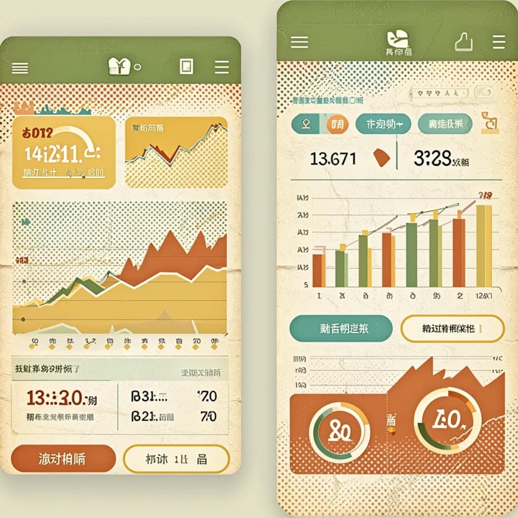 Make mobile finance app screens with mid-century palette, halftone, paper grain.