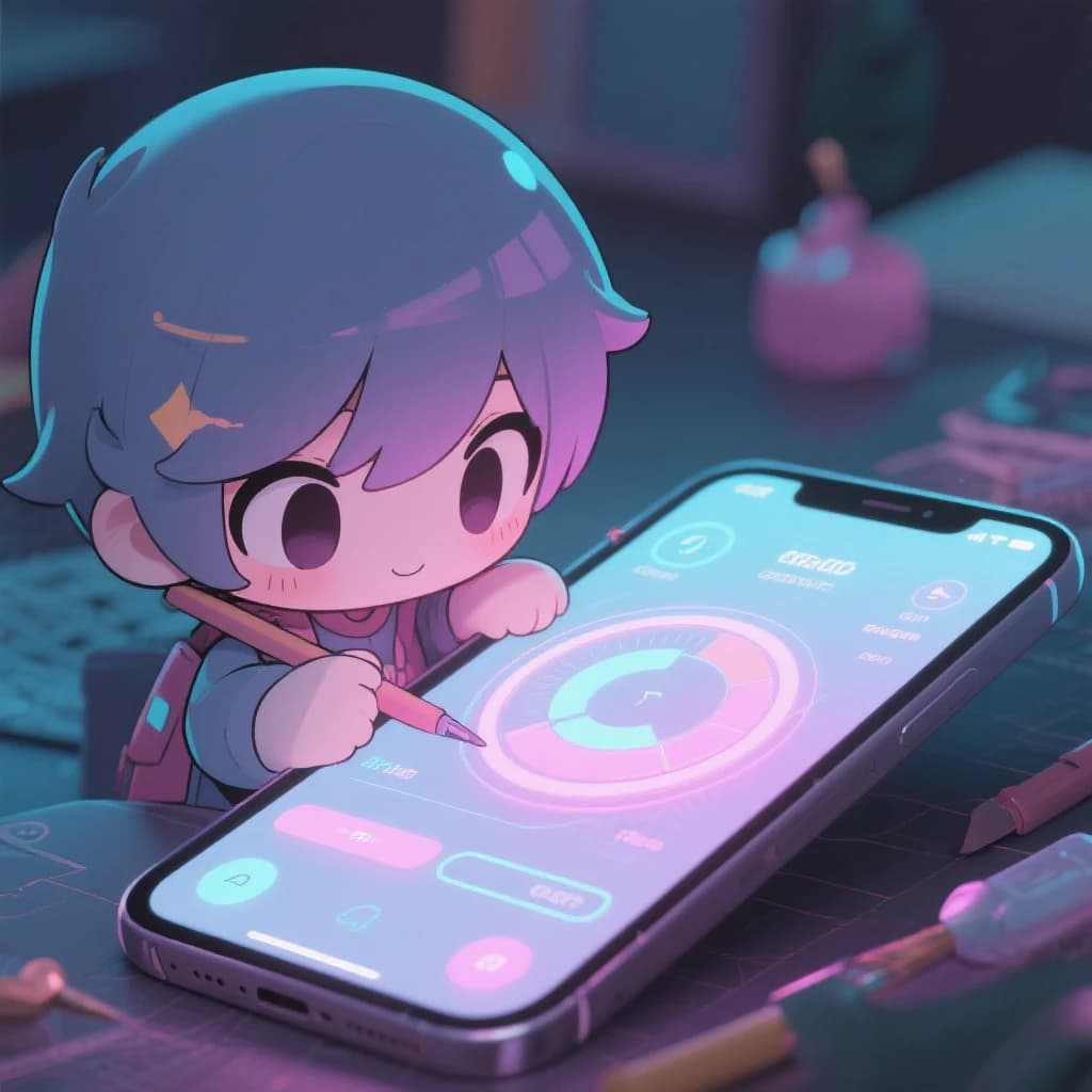 A chibi artist crafts a sleek mobile dashboard, neon pastel glow.