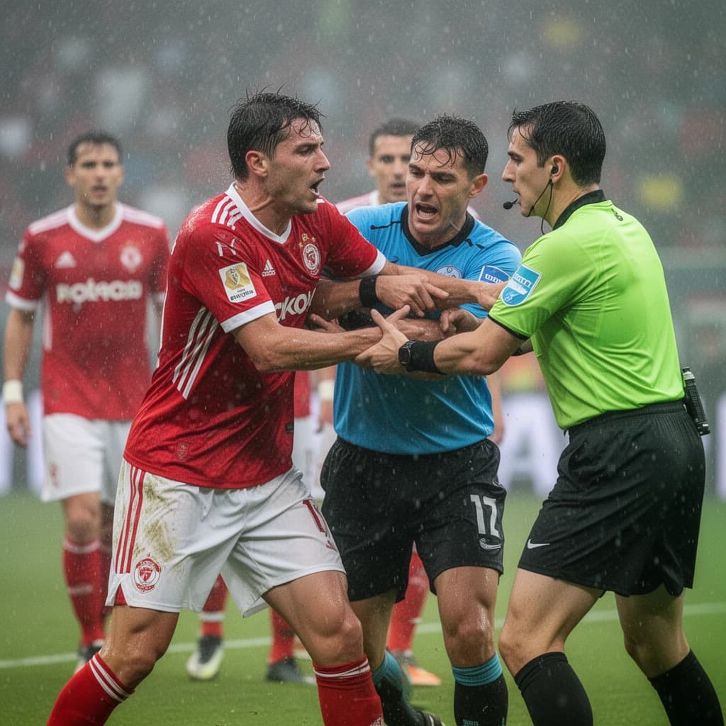The soccer player clashes with the ref. It is thick and humid and the heat is getting to the players. His friend tries to pull him off before he causes any more trouble.