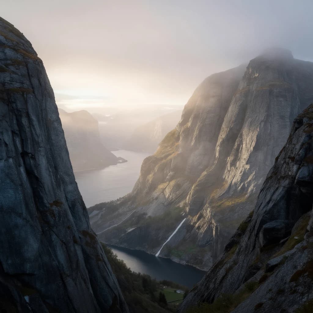 Frame a foggy fjord at sunrise, cliffs looming.