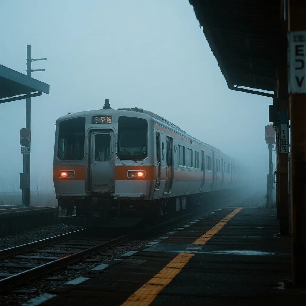 A commuter train enters a foggy little station.