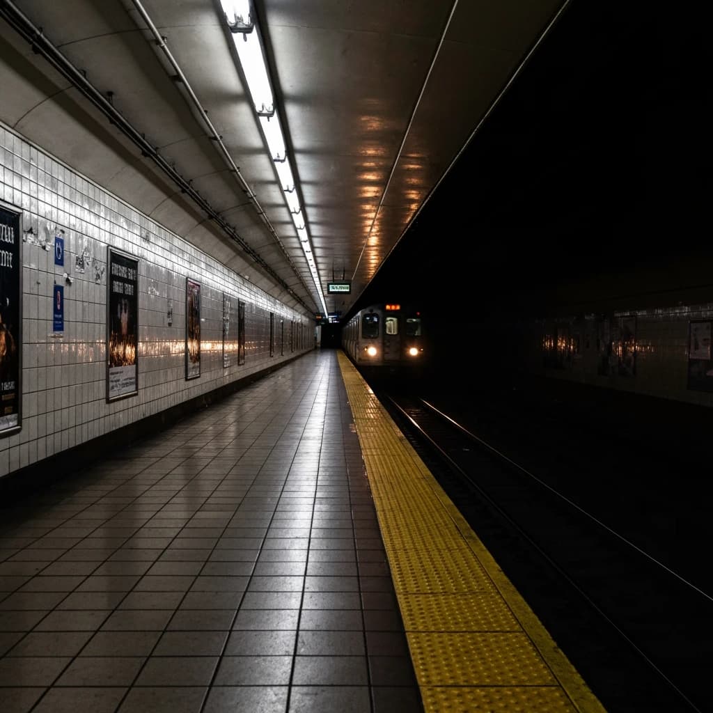 A subterranean subway platform with glossy tiles, peeling posters, flickering fluorescent lights, yellow safety line, and a distant train coming; slightly damp, echoes carry.