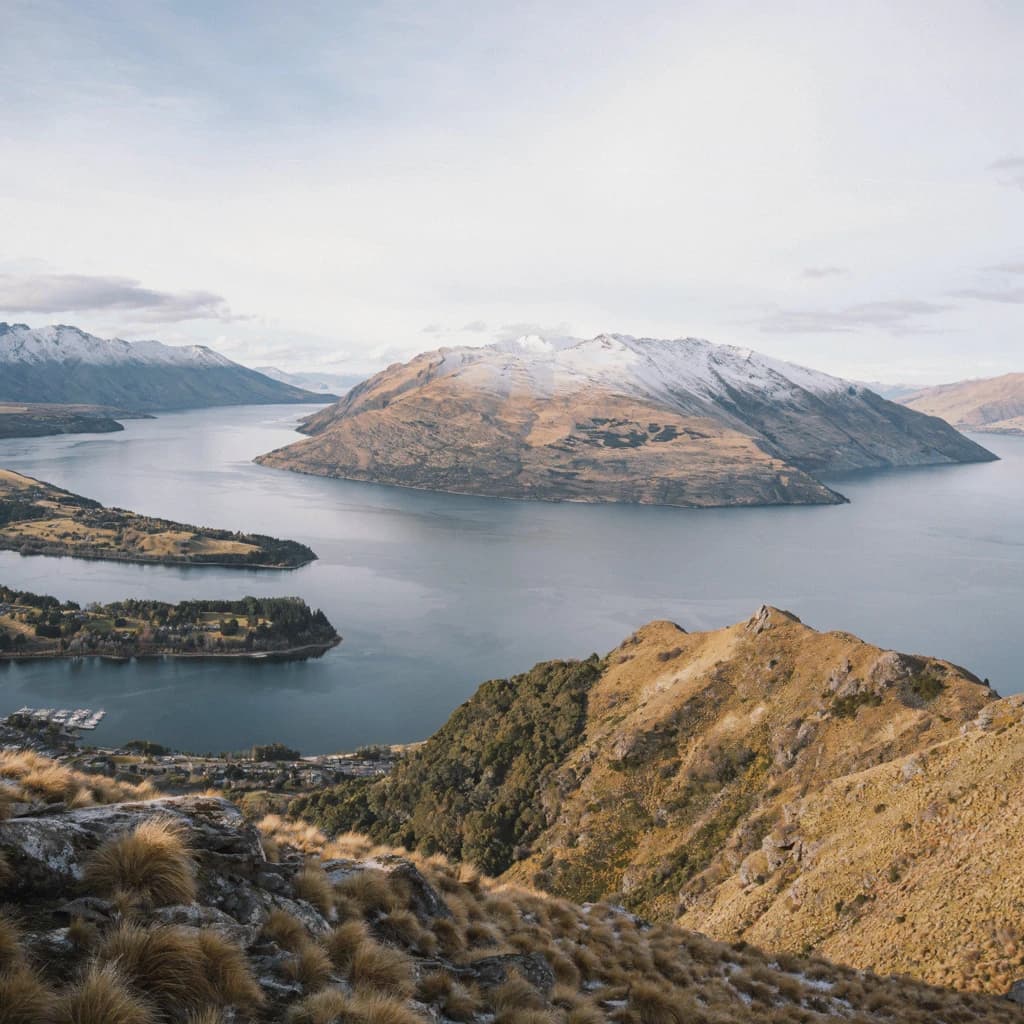 Queenstown's Lake Wakatipu, viewed from the top of Queenstown Hill after a snowstorm just dusted the top of Cecil's Peak