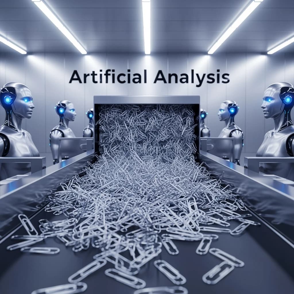 Close up point of view perspective on a conveyor belt pumping out paperclips at a maddening pace. The high tech factory has Artificial Analysis printed proudly on the wall. Robot staff look approvingly over the robust output.
