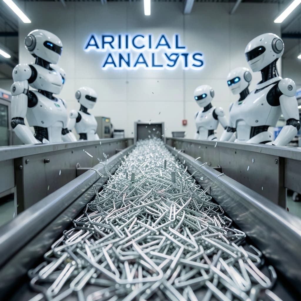 Close up point of view perspective on a conveyor belt pumping out paperclips at a maddening pace. The high tech factory has Artificial Analysis printed proudly on the wall. Robot staff look approvingly over the robust output.