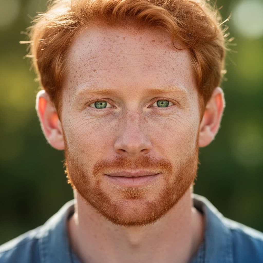 Shoot a natural light headshot of a red-haired man with freckles, green eyes.