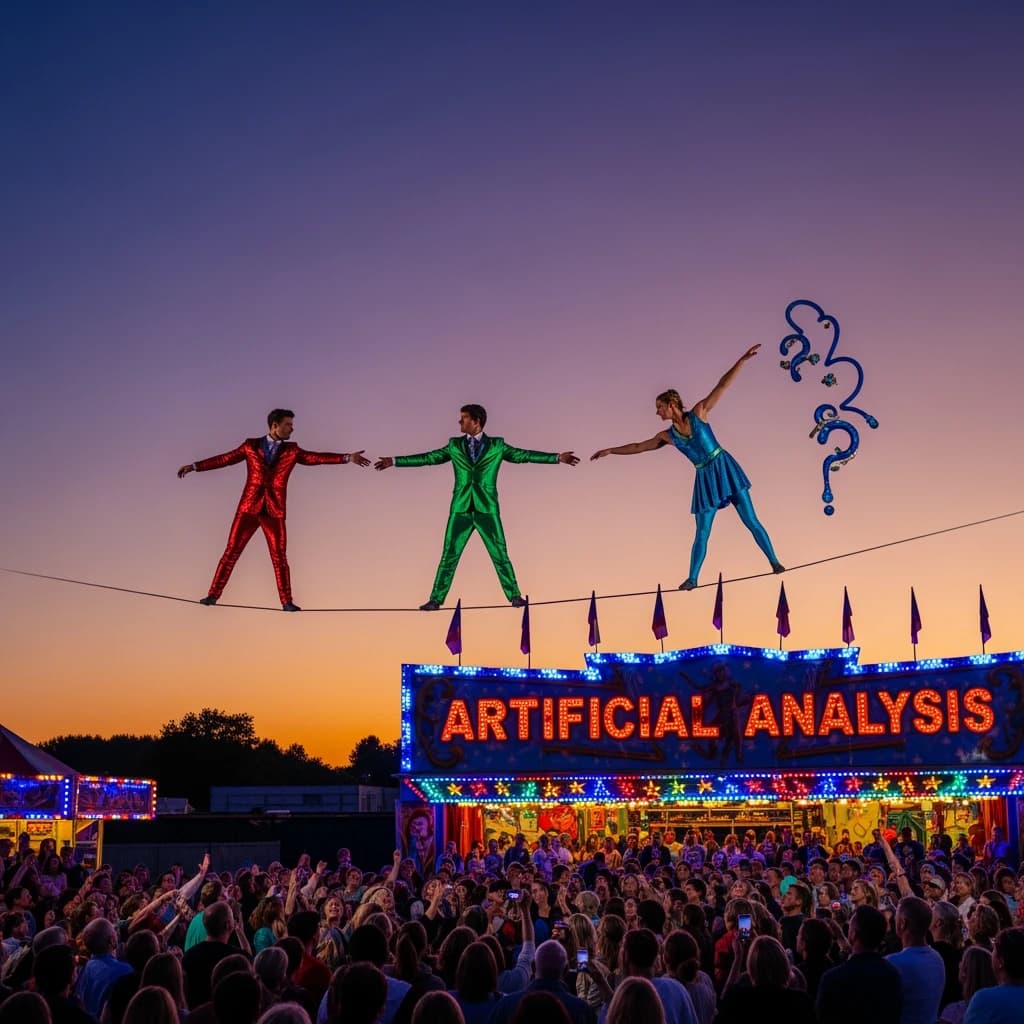At dusk, high above a carnival crowd, three tightrope walkers balance on a single rope with no aids, one is off balance and grabbing at air. Below, the audience looks upward with baited anticipation. Artificial Analysis is spelled out in the background in carnival lights