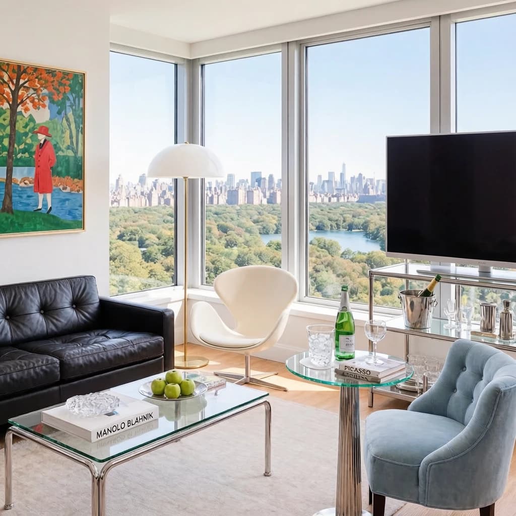 My apartment overlooks Central Park. It’s very luxurious, very expensive, and the furniture is minimal — a black leather couch, a glass coffee table with chrome legs, an Arne Jacobsen floor lamp. A big-screen television set rests on a steel shelving unit. A David Onica painting hangs above the couch. There’s a stainless steel and glass cocktail table. A powder-blue sofa. A thirty-inch digital TV.