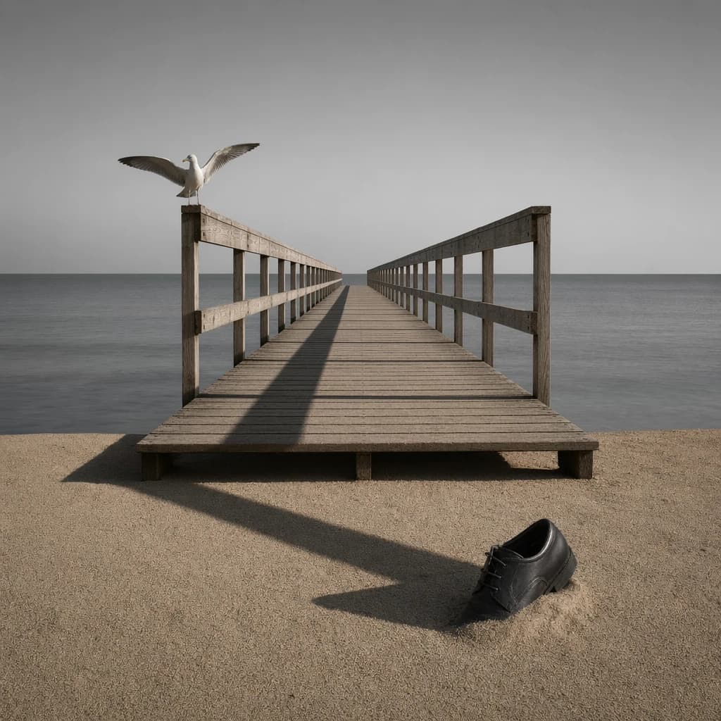 The beach is flat, sand beige, granular, no shells, except for a single left shoe, black leather, size eleven, half buried at an angle. The pier extends straight into the water, wood untreated, grain visible, though the support posts vanish before they touch the surface. The sky is uniformly gray, no clouds, yet shadows stretch at sharp diagonals. A single gull sits on the railing, wings outstretched, frozen mid-flap, no movement.