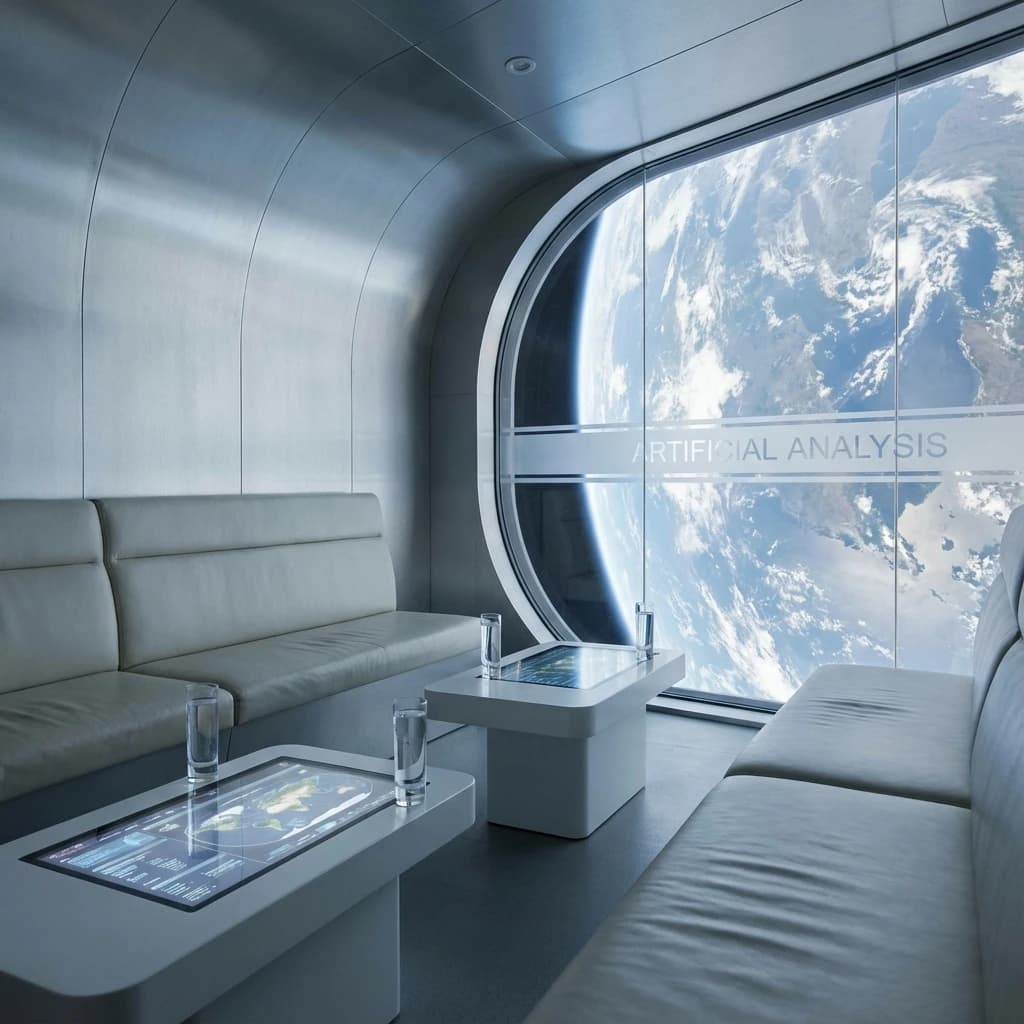 The orbital lounge has brushed aluminum walls and pale leather banquettes. Low white tables are inset with glowing touchscreens. Drinks are clear, flavorless, in tall unmarked glasses. The viewport is floor-to-ceiling, showing Earth moving slowly beneath. The word Artificial Analysis is etched discreetly on the glass in a frosted band.
