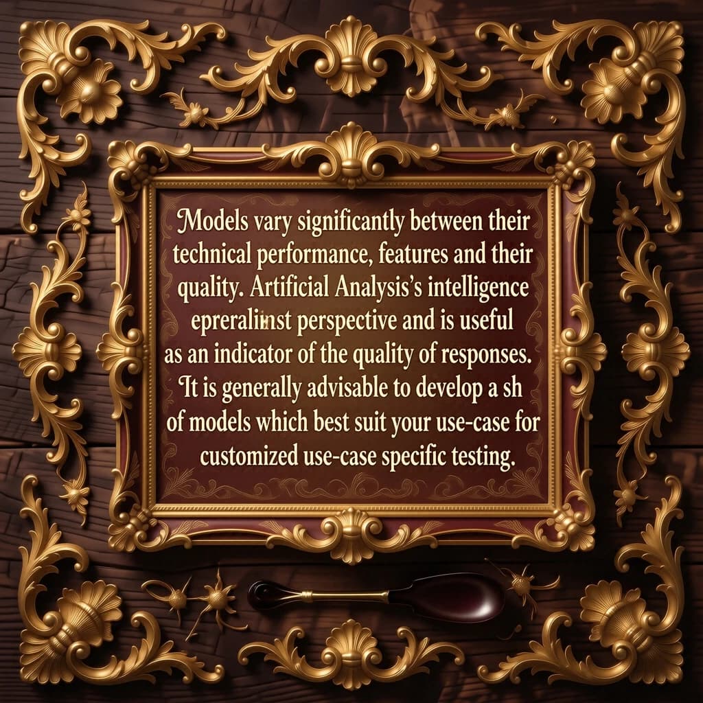 On a flat layout, write in an ornate baroque style "Models vary significantly between their technical performance, features and their quality. Artificial Analysis's intelligence index represents a generalist perspective and is useful as an indicator of the quality of responses. It is generally advisable to develop a short-list of models which best suit your use-case for customized use-case specific testing. "